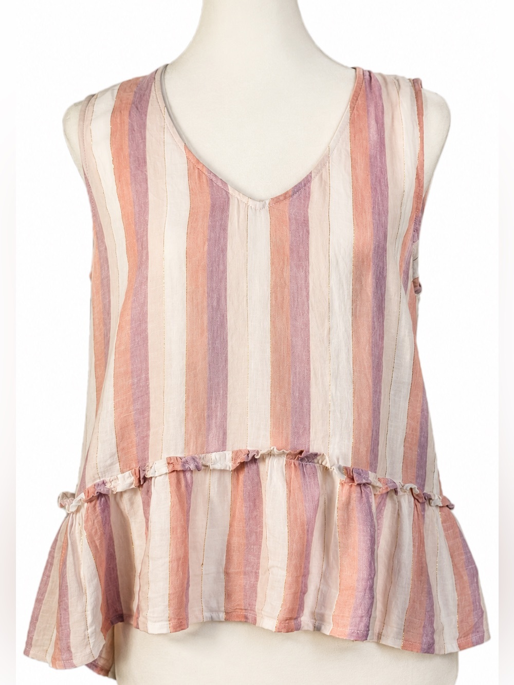 RAILS Mira Stripe Linen Blend Sleeveless Peplum Tank Top,  Size Small